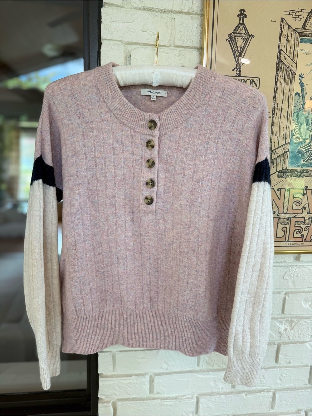 Madewell Pink Cream & Navy Ribbed Henley Sweater